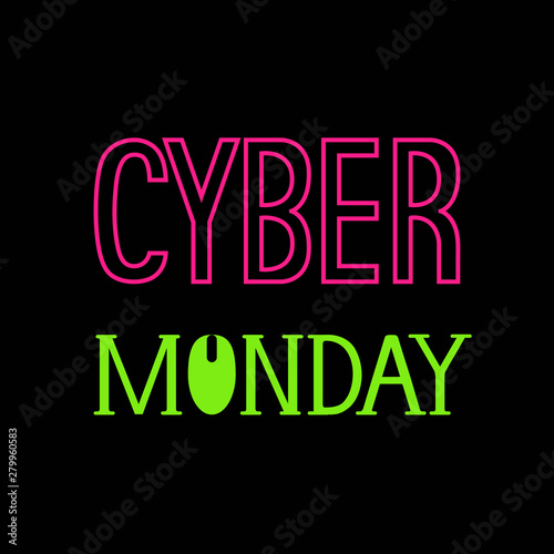 Cyber monday sale vector illustration. Fluorescent text on a black background.