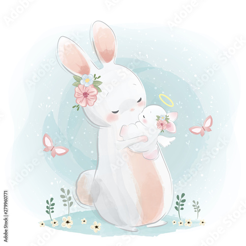 Cute Mommy Bunny Holding Its Baby