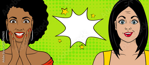 Template advertising poster in the style of pop art. Two surprised people. African woman and European girl. Vector illustration