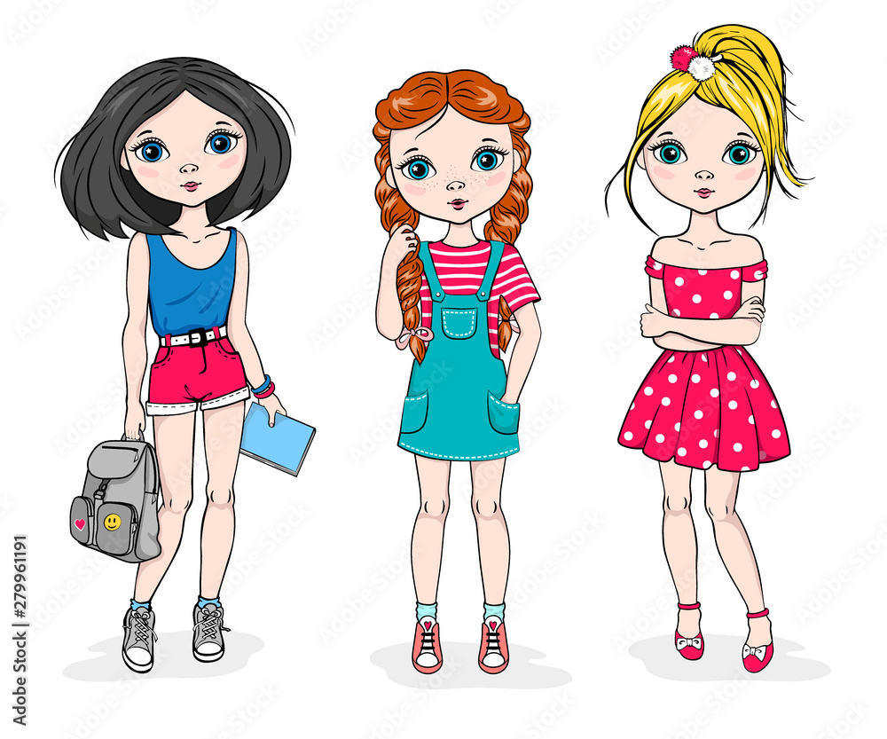 Three hand drawn fashion girl. Summer casual style. Isolated cartoon friends on the white background. Vector illustration. Three hand drawn fashion girl. Summer casual style. Isolated cartoon friends on the white background. Vector illustration.