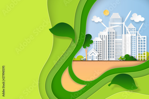 Paper art of green eco city and renewable energy for sustainable resource in light bulb shape of green paper layers background template vector illustration.