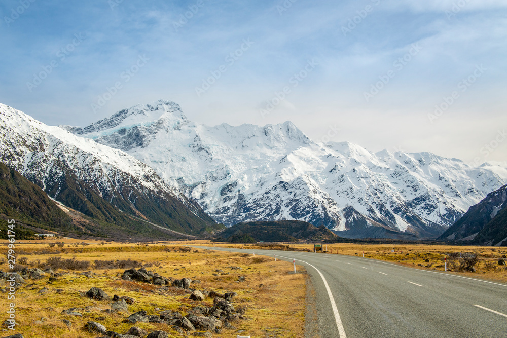 Fototapeta premium View from the side of the road in the National Park area, Mount Cook Rd, New Zealand