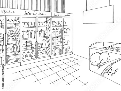 Grocery store shop interior black white graphic sketch illustration vector