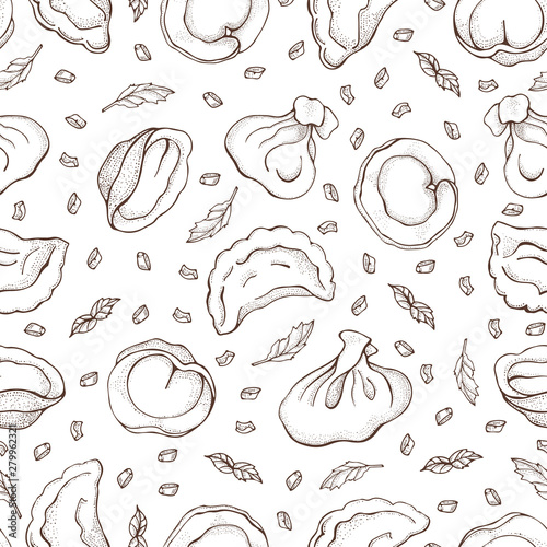 Seamless pattern of dumplings with spice. Ravioli. Vareniki. Pelmeni. Food. Cooking. National dishes. Products from the dough and meat. Sketch hand drawn background. For restaurant menu