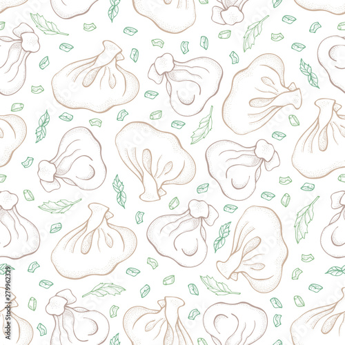 Seamless pattern of dumplings with spice. Ravioli. Vareniki. Pelmeni. Food. Cooking. National dishes. Products from the dough and meat. Sketch hand drawn background. For restaurant menu