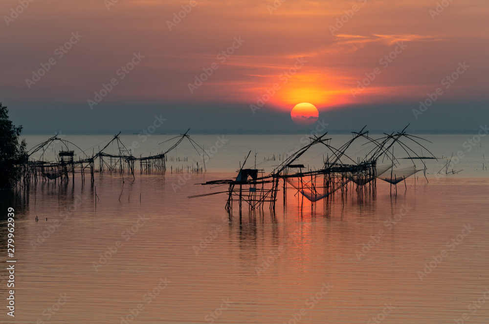 Landmark of giant fishing gear at Pakpra with beautiful sunrise.