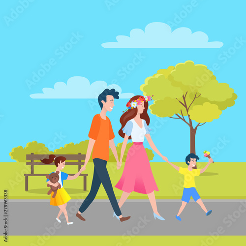 Parents and children spend time outdoors. Happy family  mother  father and kids walking together in city park  springtime scenery landscape  bench and trees