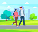 Couple holding hands walking outdoors, cartoon style boyfriend and girlfriend. People in love and summer season, man and woman walking outdoors, buildings