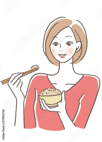 ご飯を食べる女性　雑穀米