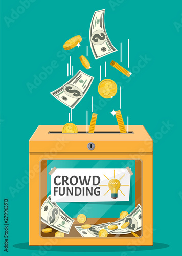Donation box and money. Funding project by raising monetary contributions from people. Crowdfunding concept, startup or new business model. Vector illustration in flat style