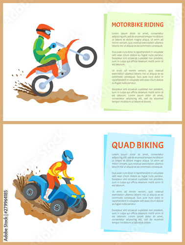 People going in for extreme sports vector, quad bike activity and motorbike riding set of posters with text. Motorcyclist wearing special helmet and costume