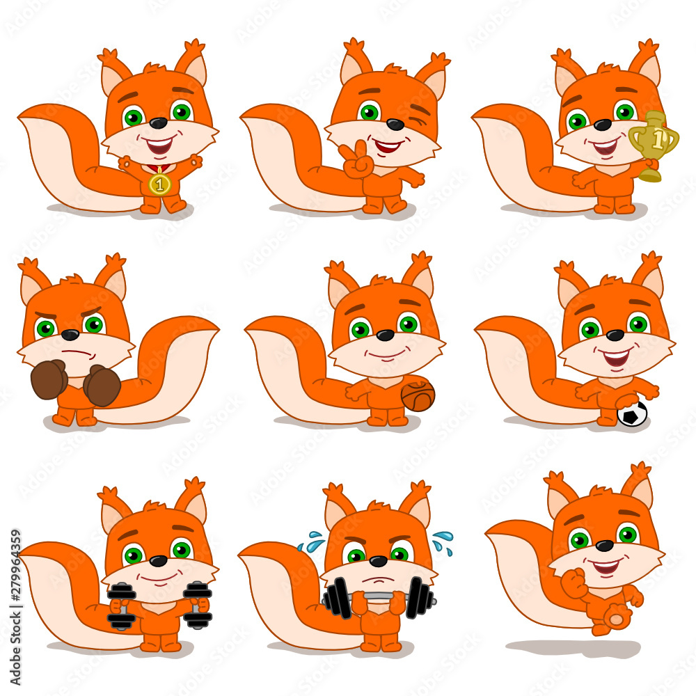 Fototapeta premium Collection of funny squirrel athlete in different sports and with prizes isolated on white background
