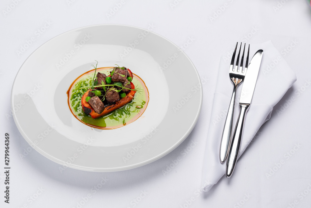 fried bell pepper stuffed with beef slices with fresh peas and basil sauce fried bell pepper stuffed with beef slices with fresh peas and basil sauce