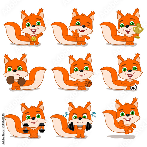 Collection of funny squirrel athlete in different sports and with prizes isolated on white background
