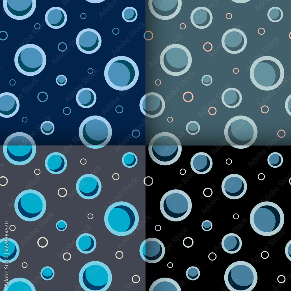 Vector set of seamless patterns of bubbles. Blue, grey, black background.