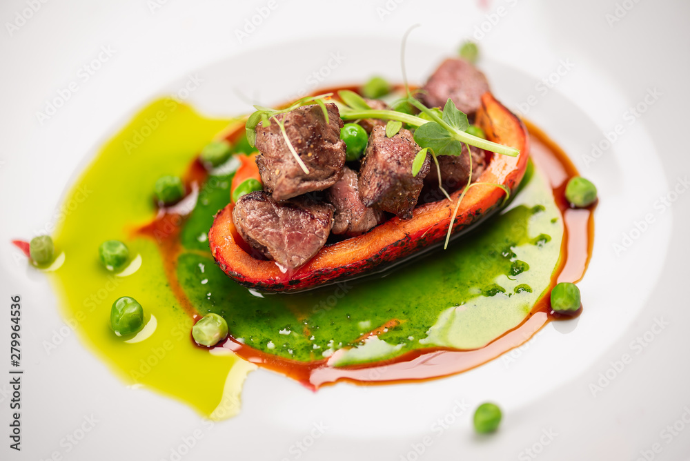 fried bell pepper stuffed with beef slices with fresh peas and basil sauce fried bell pepper stuffed with beef slices with fresh peas and basil sauce