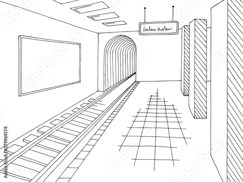 Subway station platform graphic black white interior sketch illustration vector