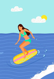 Woman surfboarder riding on board in blue sea or ocean waters, cartoon character rest on summer resort. Vector beach activities, female on surfboard, surfers