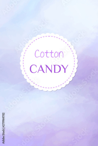 Fluffy candyfloss of purple color, cotton candy holiday treats logo. Vector summer trip for kids, airy sweetness, plum taste confectionery made of sugar