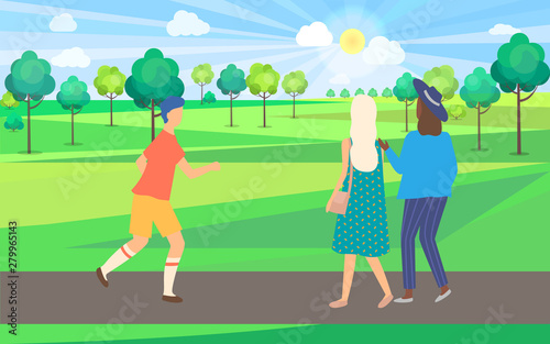 Running man and walking girls, passerby in park, sporty man wearing sportswear and women in casual clothes going on road outdoor near trees vector