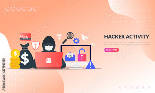 Hacker activity concept, security hacking, online theft, criminals, burglars wearing black masks, stealing personal information from computer, flat icon,suitable for web landing page, banner, vector