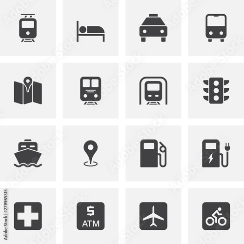 Transportation vector icons set, modern solid symbol collection, filled style pictogram pack. Signs, logo illustration. Set includes icons as tram, bus, car, auto, fuel, plane, ship, train