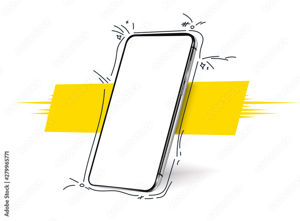 Smartphone frameless blank screen, rotated position. 3d isometric illustration cell phone. Smartphone perspective view. Template for infographics, presentation  business card, flyer, brochure, poster - obrazy, fototapety, plakaty 
