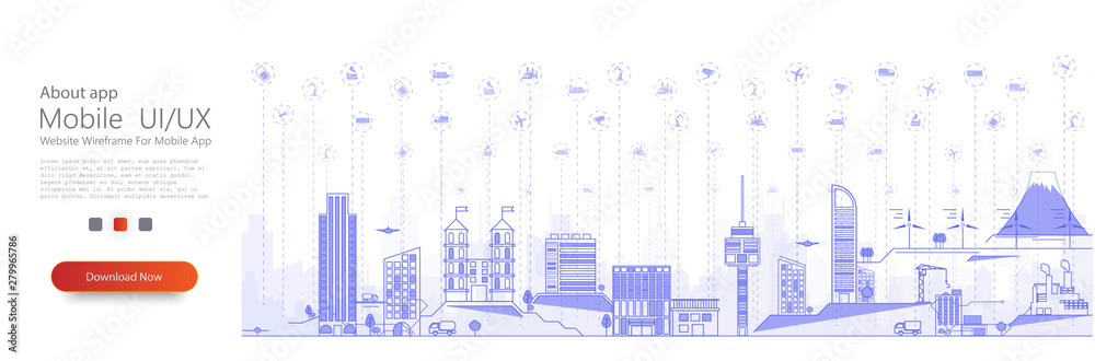 Smart city concept with different iot icon. Connected devices and objects. Illustration of innovations and Internet of things. Smart city. Thin line cityscape with skyscrapers. City panorama. Vector