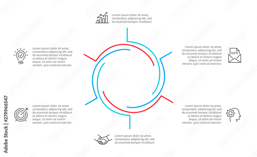 Cyclic lines infographic. Modern infographic design template with 6 options, steps or parts. Flat vector illustration for business presentation. Cyclic lines infographic. Modern infographic design template with 6 options, steps or parts. Flat vector illustration for business presentation.