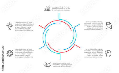 Cyclic lines infographic. Modern infographic design template with 6 options, steps or parts. Flat vector illustration for business presentation.