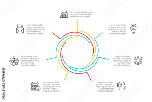 Cyclic lines infographic. Modern infographic design template with 7 options, steps or parts. Flat vector illustration for business presentation.