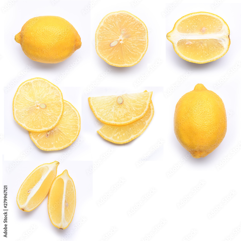  Set of fresh whole and cut lemon and slices isolated on white background. From top view