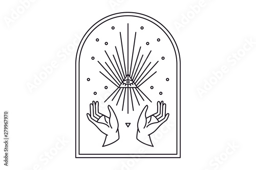 Two hands with all seeing eye symbol. Vision of Providence. Alchemy, religion, spirituality, occultism