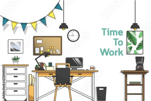 Minimal office style vector image, The interior is designed in a simple and modern. - Vector
