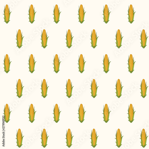 Vector seamless pattern with corn cobs with yellow corn grains and green leaves in retro style on light background. Repeatable illustrations of the ripe corn on the cob.