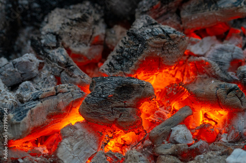 red-hot charcoal, macro photo, selective focus