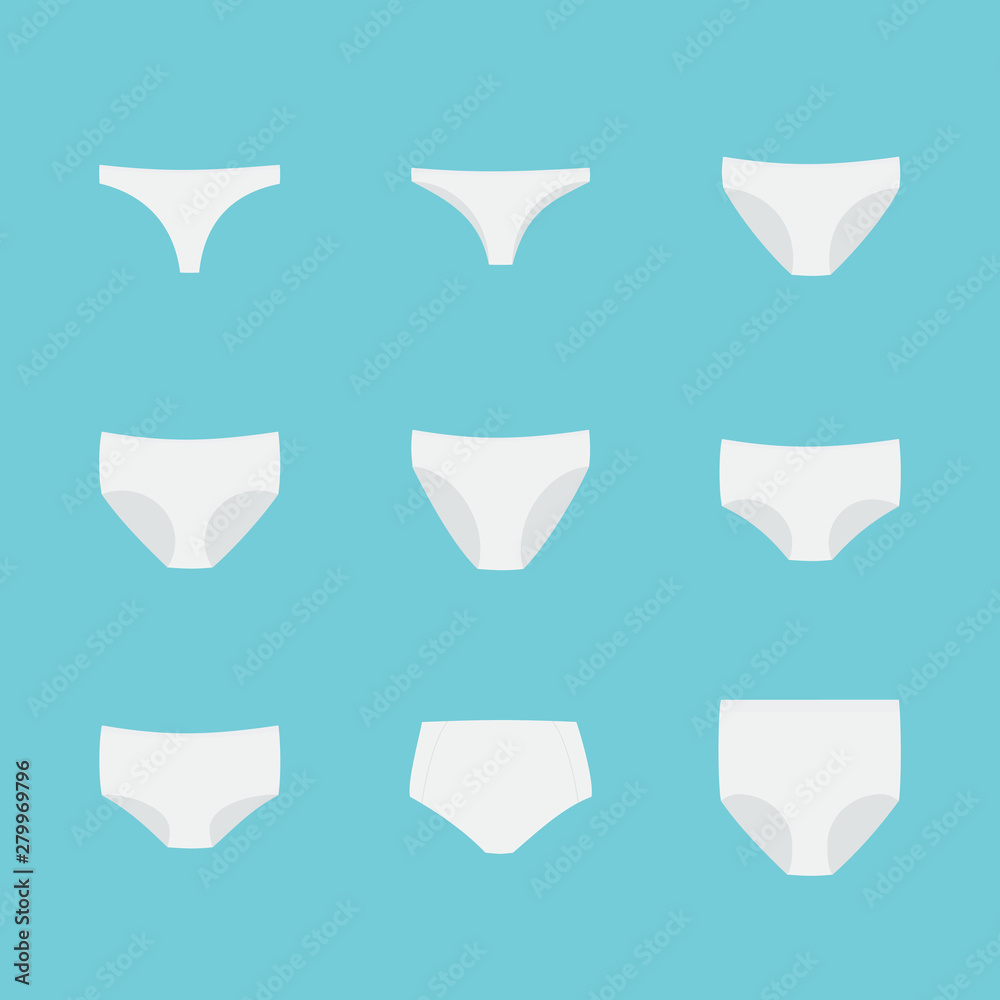 Panties icon set. Woman underwear types: thong, brazilian, bikini, classic  brief, high cut brief, hipster, shortie, control brief and shapewear.  Vector illustration, flat design Stock Vector