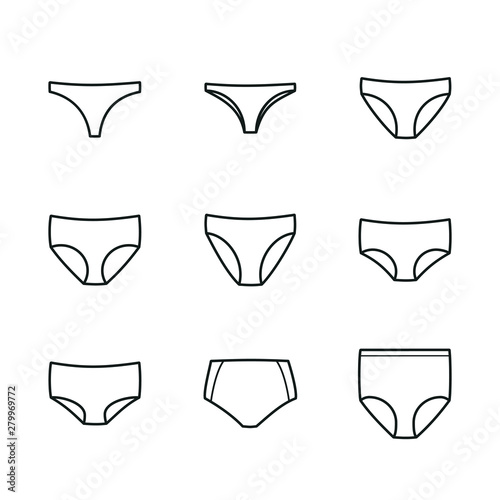 Panties icon set. Woman underwear types: thong, brazilian, bikini, classic brief, high cut brief, hipster, shortie, control brief and shapewear. Vector illustration, flat design