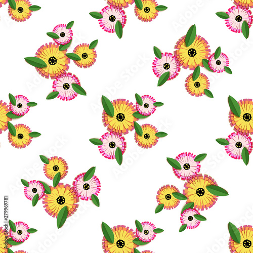 Vintage origami pattern with colorful calendula cut paper pattern on white background for textile design.  Like a  3d vector.  Modern interior.