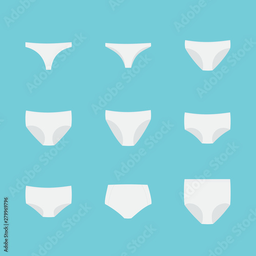 Panties icon set. Woman underwear types: thong, brazilian, bikini, classic brief, high cut brief, hipster, shortie, control brief and shapewear. Vector illustration, flat design