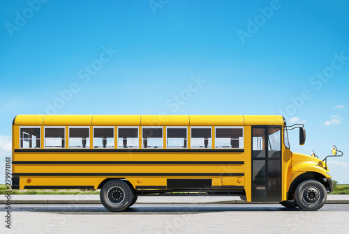 School bus parked on the road, concept of going back to school, beautiful sunny day, 3d rendering