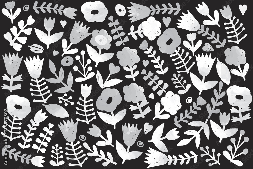 Floral set, summer doodle clip art kit in grayscale on white background