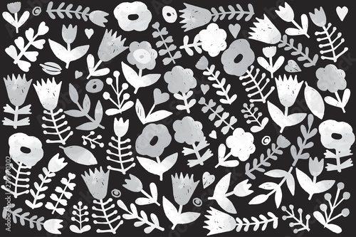 Floral set, summer doodle clip art kit in grayscale on white background