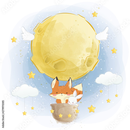 Cute Fox and Bunny Flying with Moon Air Balloon