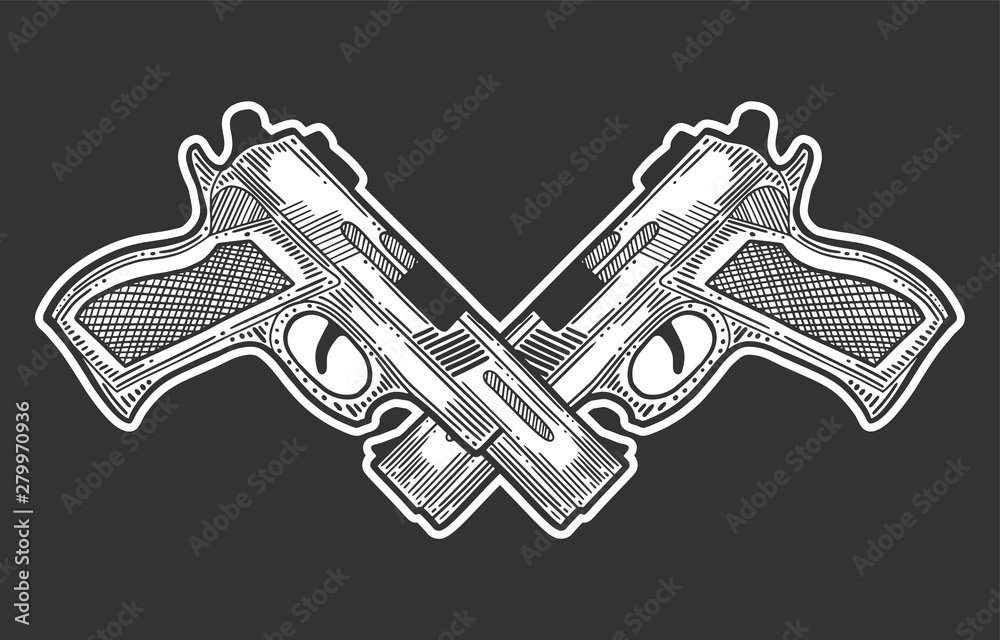 Pistol, firearm for protection. Vector in doodle and sketch style.