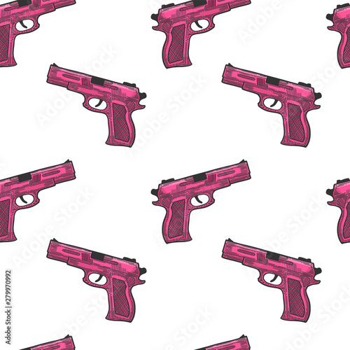 Pistol, firearm for protection. Vector in doodle and sketch style.