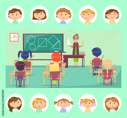 School lesson, geometry class, eacher and pupils vector. Woman near blackboard and children at desks, education and knowledge, boys and girls, learning. Back to school photo