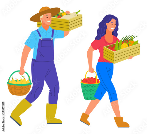 Harvesting man and woman carrying products in basket vector. Isolated person wearing hat holding bucket with pear, tomato and pepper, veggies in containers