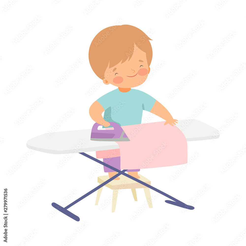 Cute Boy Ironing Clothes on Board, Adorable Kid Doing Housework Chores at Home Vector Illustration Cute Boy Ironing Clothes on Board, Adorable Kid Doing Housework Chores at Home Vector Illustration