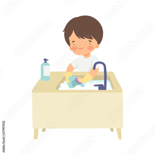 Cute Boy Washing Dishes, Adorable Kid Doing Housework Chores at Home Vector Illustration
